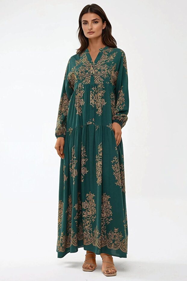 Baskılı Uzun Kol Viskon Modest Elbise - 6