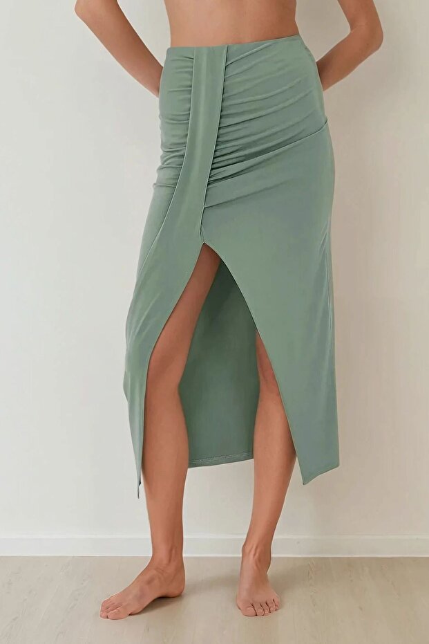 Drapeli Yüksek Bel Bodycon Sandy Maxi Etek - 1