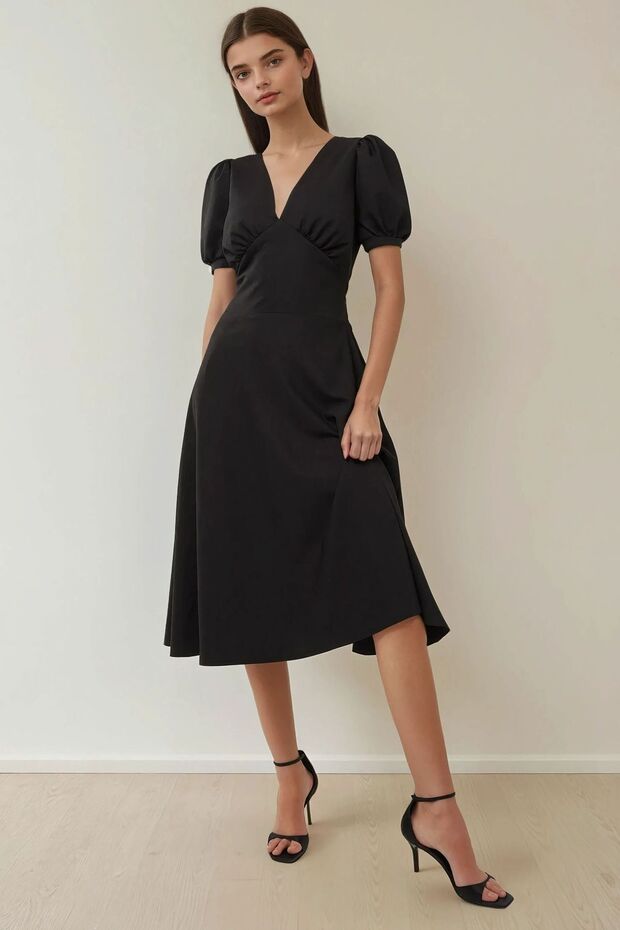 V-Yaka A-Form Krep Midi Elbise - 5