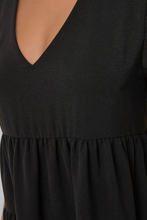 V Yaka A-Form Mini Elbise - 5