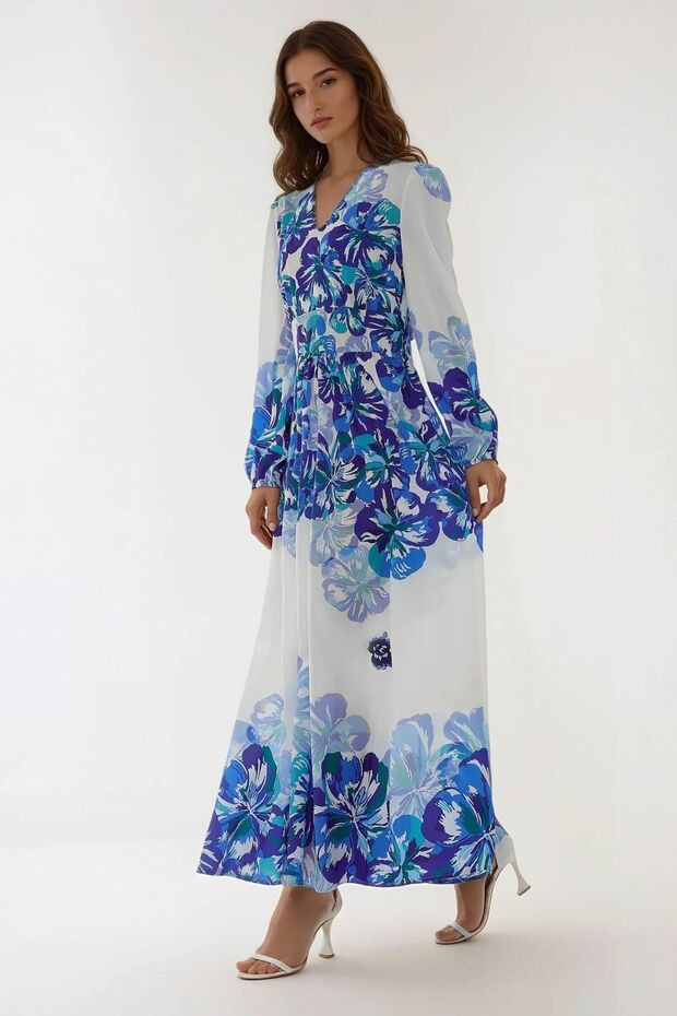 V Yaka Desenli Modest Elbise - 3