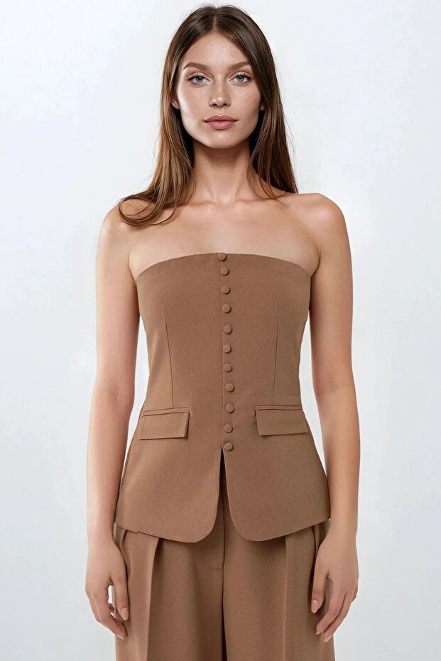 Straplez Önü Düğmeli Dokuma Üst - 4