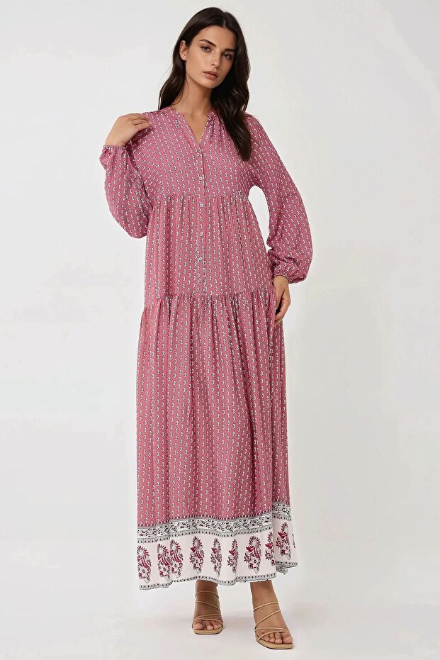 Desenli V Yaka Modest Elbise - 4