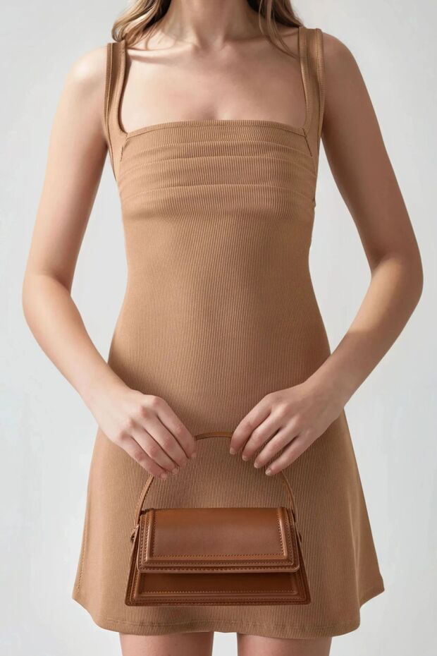 Kırışıklıklı Kare Yaka Mini Elbise - 3