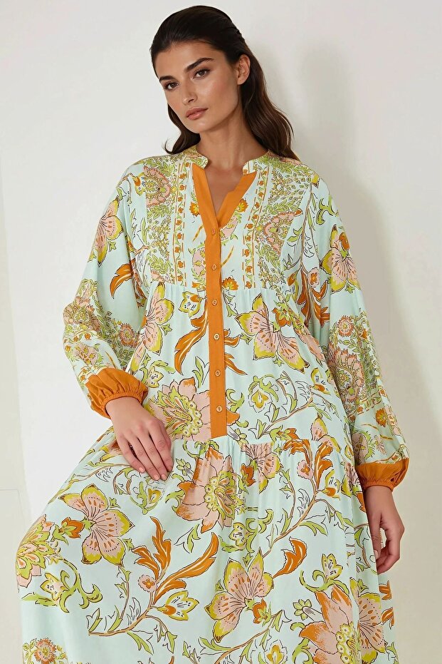 Baskılı Uzun Kol Viskon Modest Elbise - 3