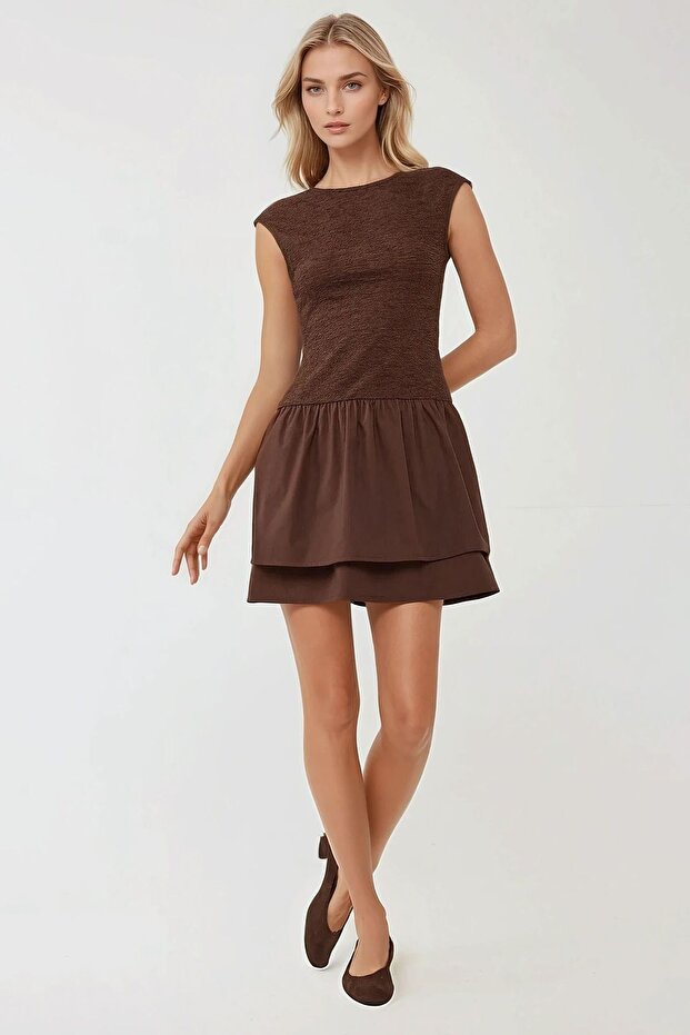 Dokulu Kolsuz Mini Elbise - 5