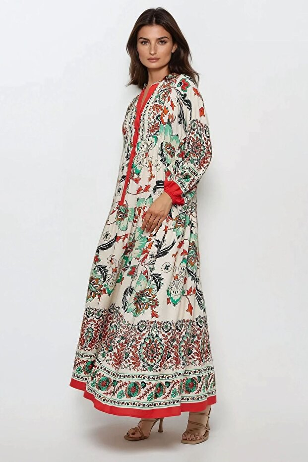 Baskılı Uzun Kol Viskon Modest Elbise - 2