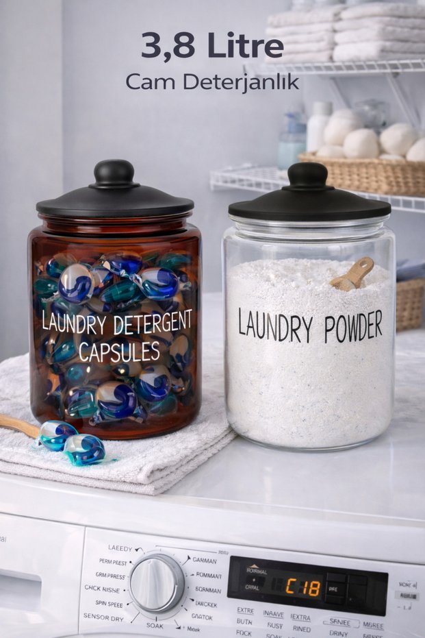 2-Piece Glass Detergent Dispenser Jar Set 3.8 L & 3.8 L – Powder Detergent Dispenser / Capsule Detergent Dispenser Storage Container