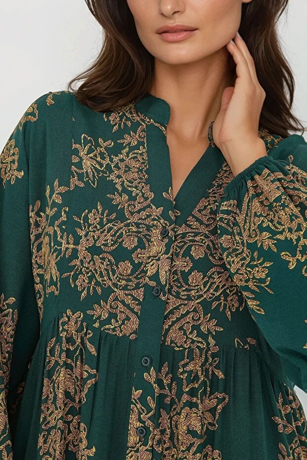 Baskılı Uzun Kol Viskon Modest Elbise - 5