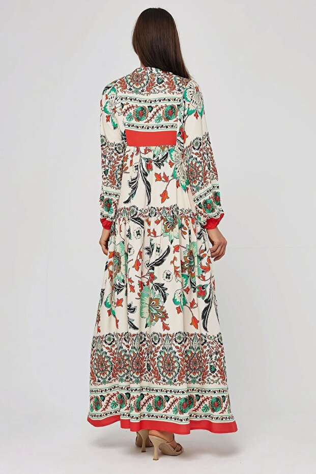 Baskılı Uzun Kol Viskon Modest Elbise - 3