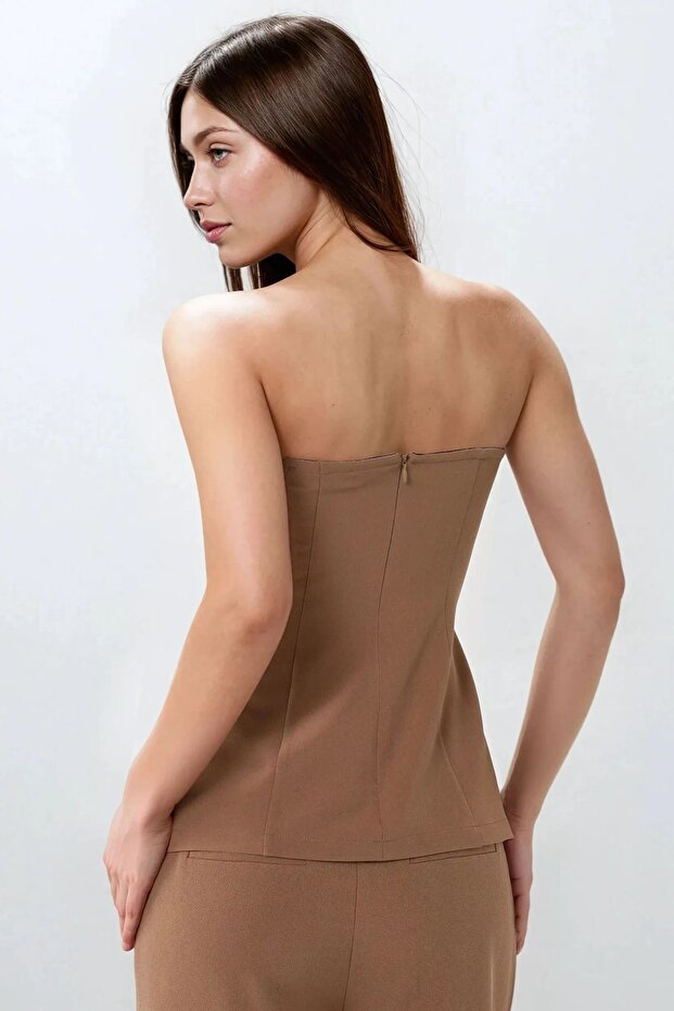 Straplez Önü Düğmeli Dokuma Üst - 6