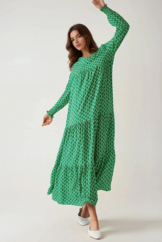 Patterned Round Neck Viscose Modest Dress - 5