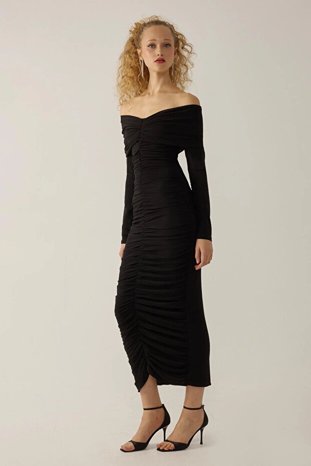Φόρεμα Off Shoulder Bodycon Maxi Drapeli - 3