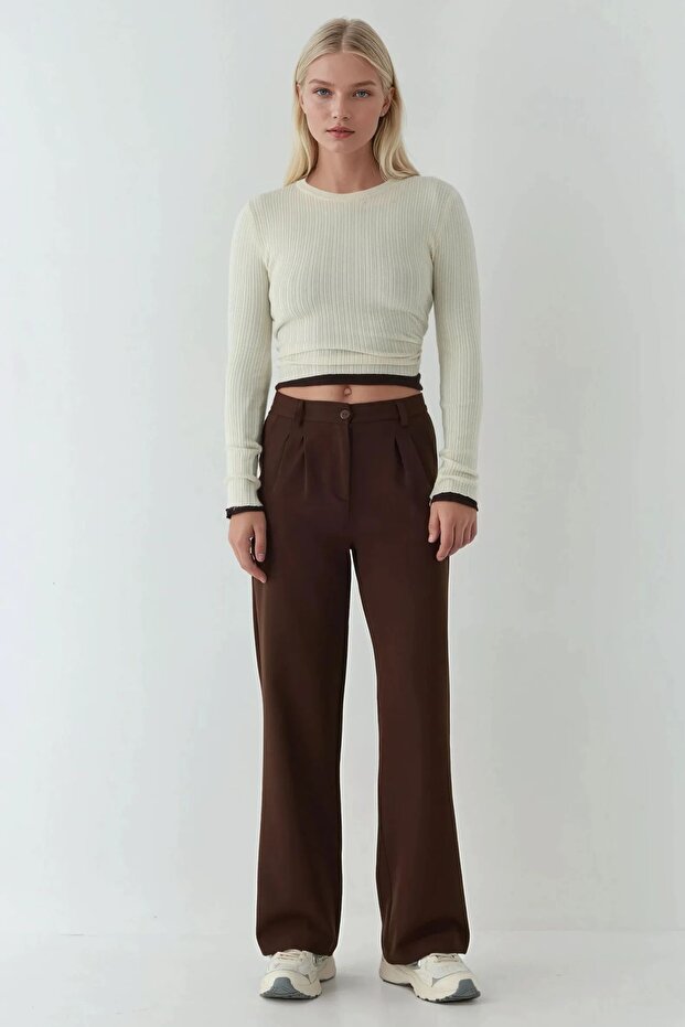 Geniş Paça Pileli Rahat Pantolon - 5