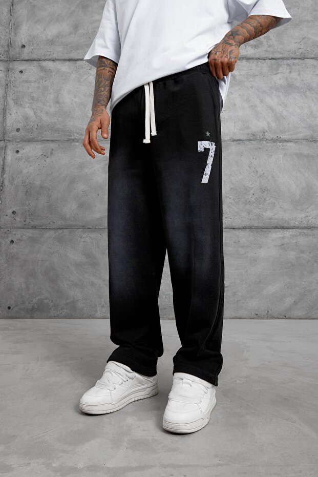 Men's Sweatpants Number 7 Six Black Oversize Baggy Loose Fit 3 Thread Without Threaded Detail