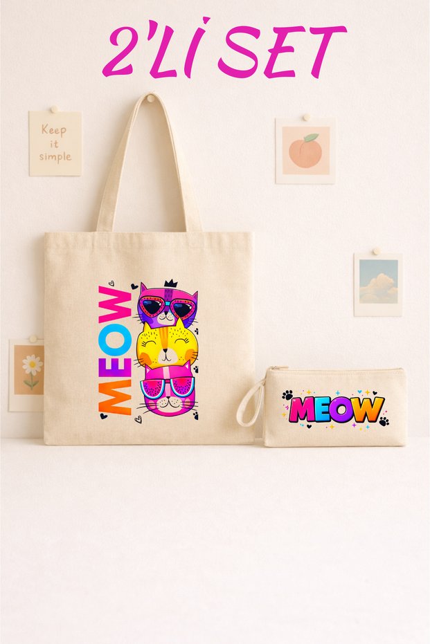 Colorful Meow Cat Themed 2-Piece Tote Bag & Zippered Pencasel Set
