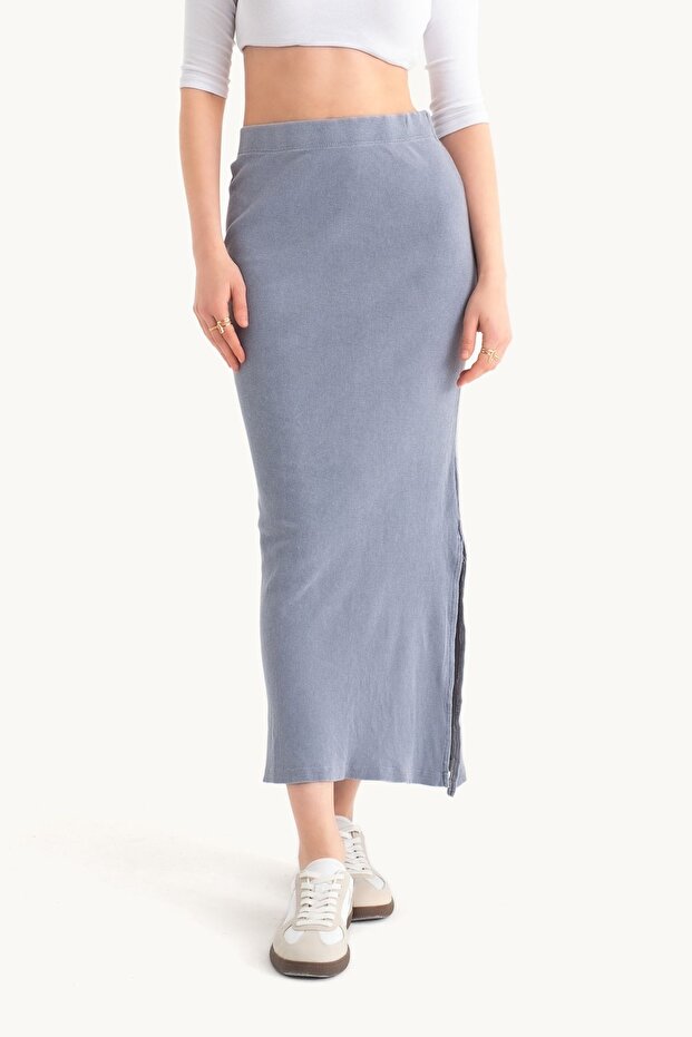 Normal Bel Beli Lastikli Basic Midi Etek - 1