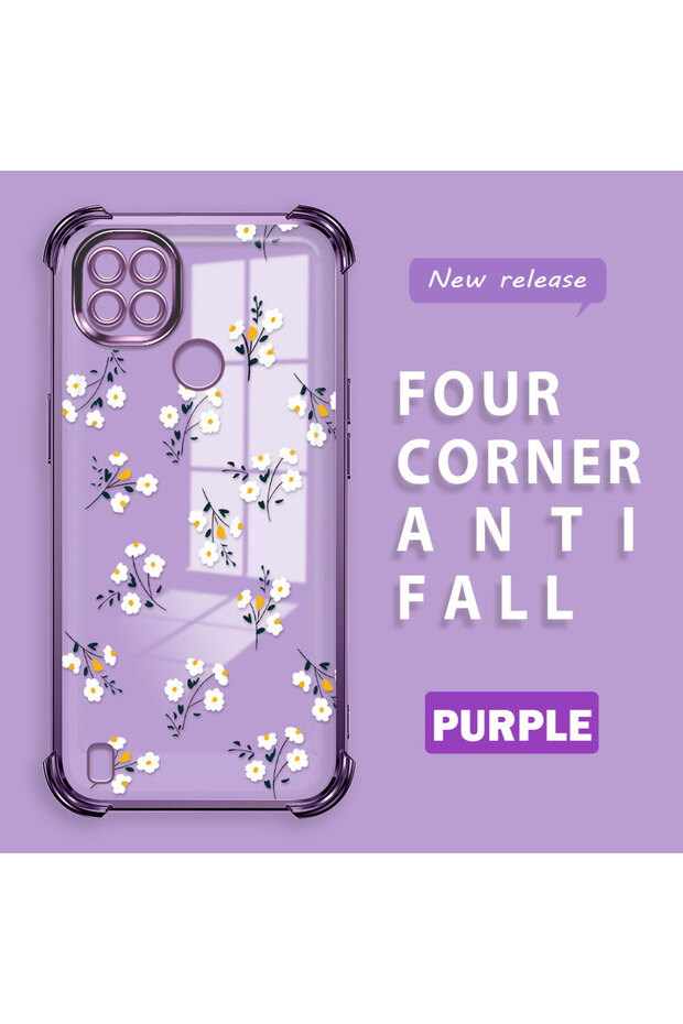 Realme C21 Compatible Camera Protected Transparent Soft Silicone Phone Case Flower Pattern