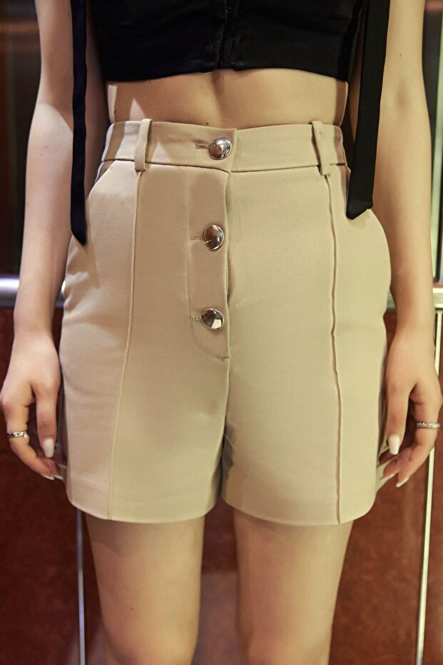 Yüksek Bel Düğmeli Şort - 3