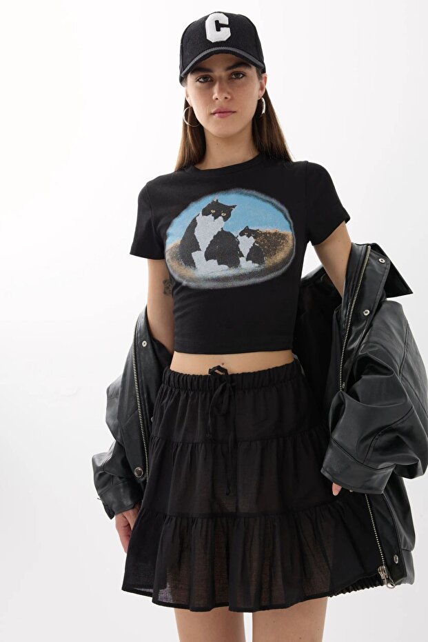 Baskılı Pamuklu Crop Tişört - 4