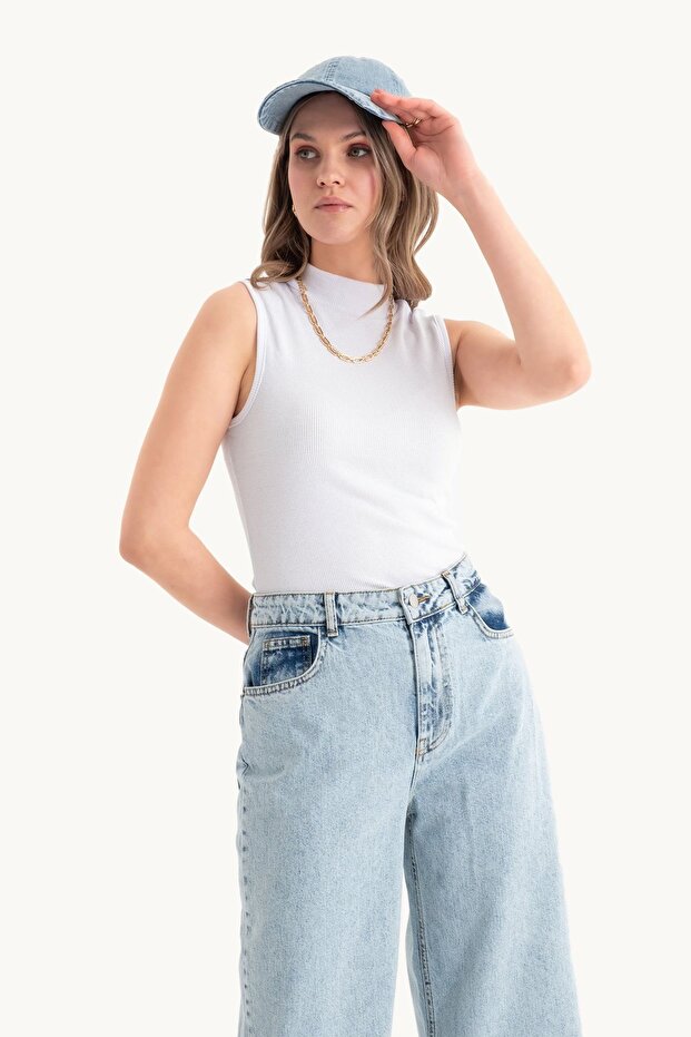 Dik Yaka Fitilli Bodycon Üst - 1