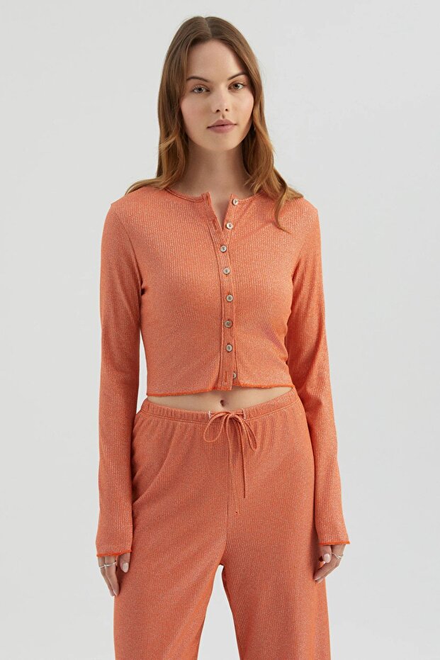 Ribbed Buttoned Long Sleeve Top - 1