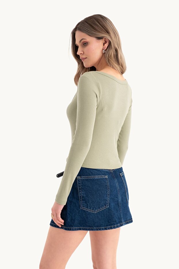 Uzun Kollu Basic Pamuklu Crop Top - 4