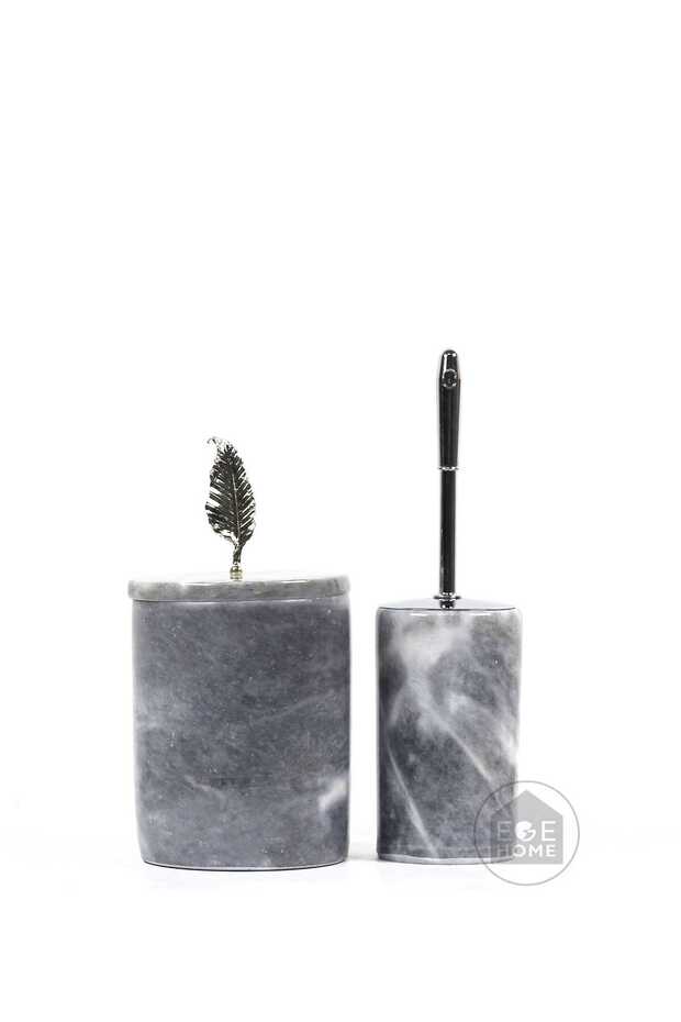 Decorative Gray Marble Bathroom Set 2-Piece Design Set with Silver Accessories\Marble Trash Can & Wc Brush Set