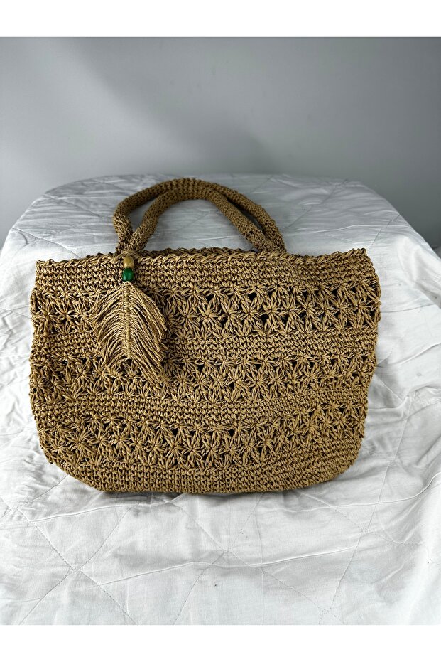 Women's Mink Washed Paper Thread Knitted Hand Shoulder Bag Width 30 cm Length 19 cm Depth 15 cm