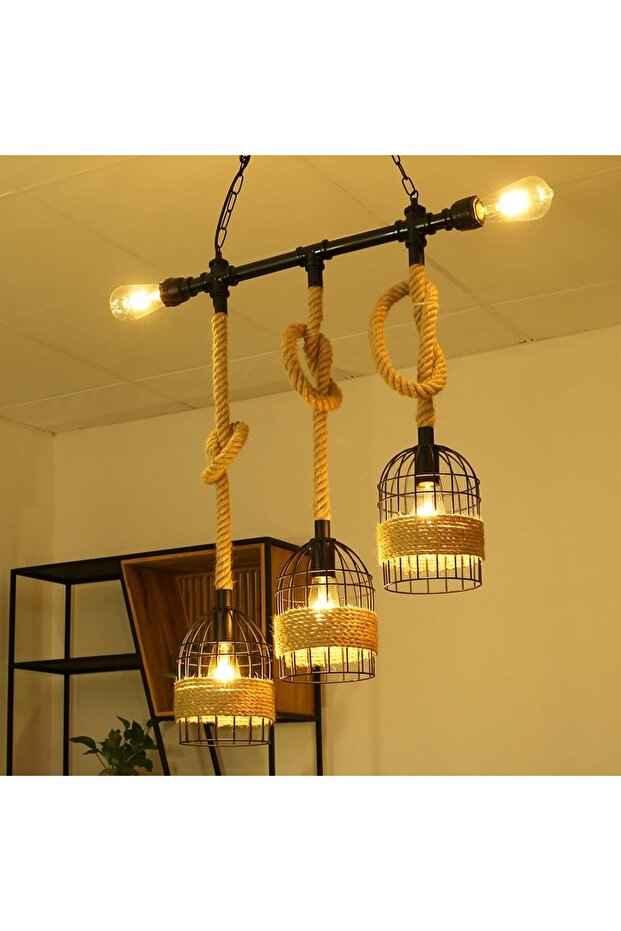 LED Chandeliers Retro Pendant Light – Birdcage Hemp Rope Hanging Lamp