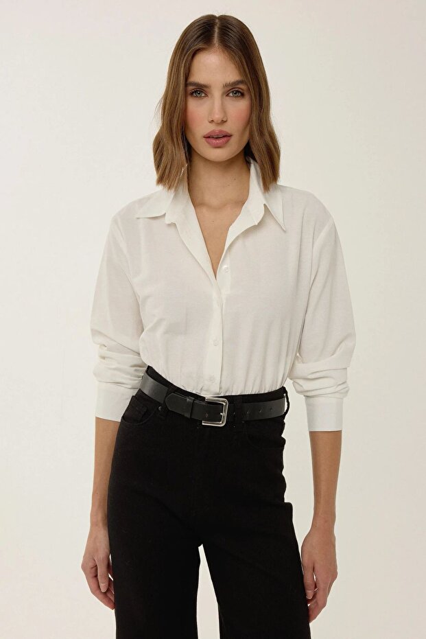 Buttoned Long Sleeve Shirt Collar Bodysuit