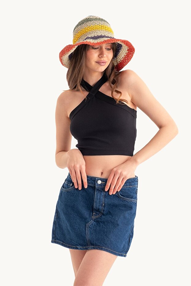 Çapraz Önlü Halter Yaka Crop Top - 3