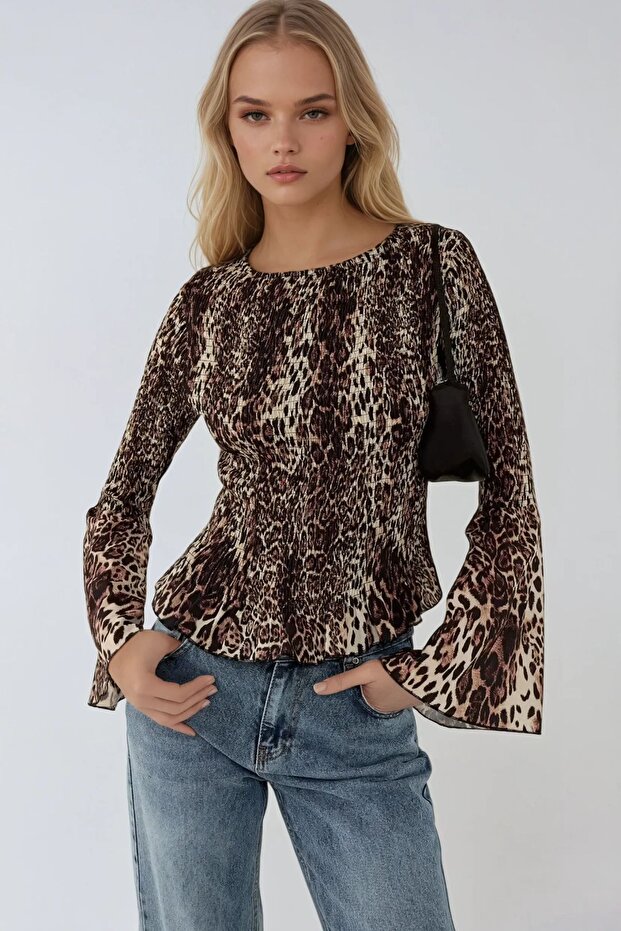 Leopard Print Drawstring Detailed Boat Neck Top