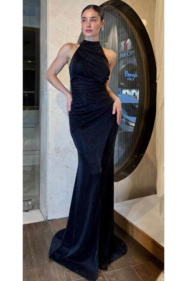 Siyah Halter Yaka Simli Abiye - 2