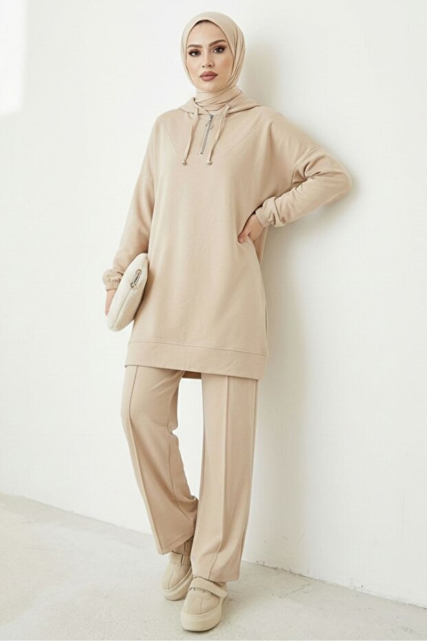 Hooded Tunic Trousers Double Set 1676 - Stone