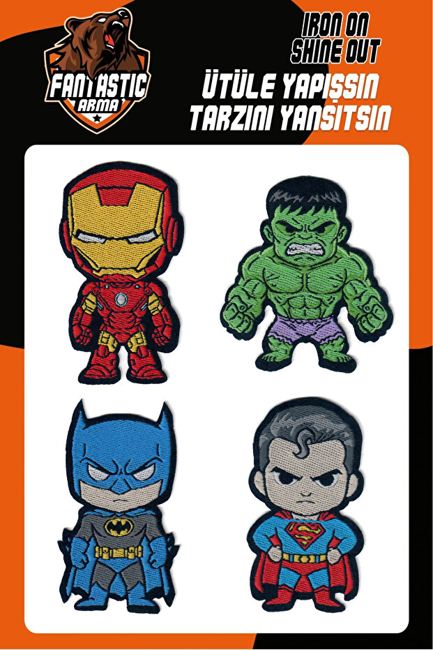 FANTASTIC ARMA 4'lü Süper Kahraman Arma Seti - Ütüyle Yapışan Dokuma Yama Patch - Iron Man, Hulk, Batman, Superman