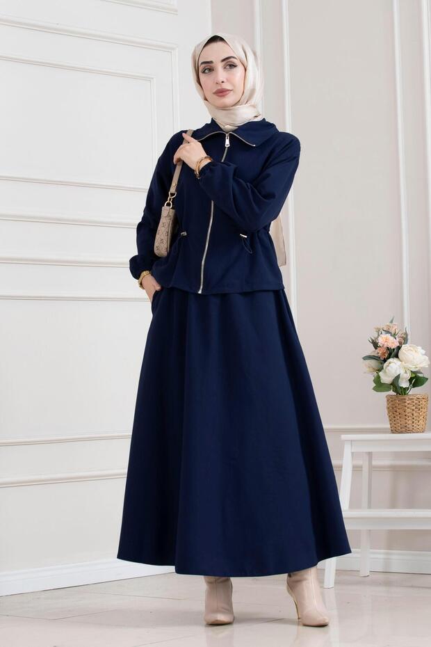Beli Tunnel Zippered Skirt Suit-Dark Blue