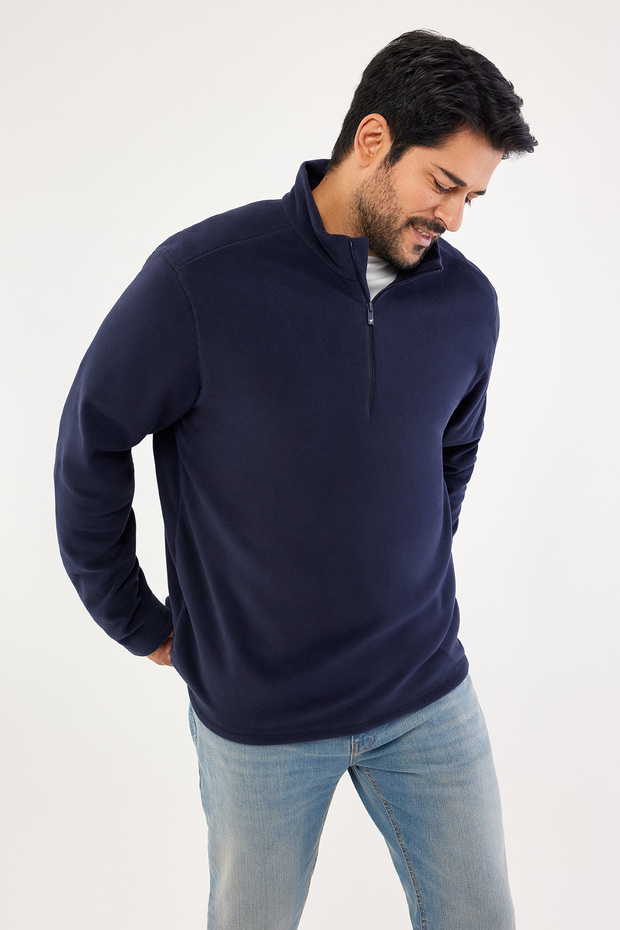 Men's Navy Blue Anti-Pilling Non-Pilling Standard Fit Mock Neck Fleece Sweatshirt