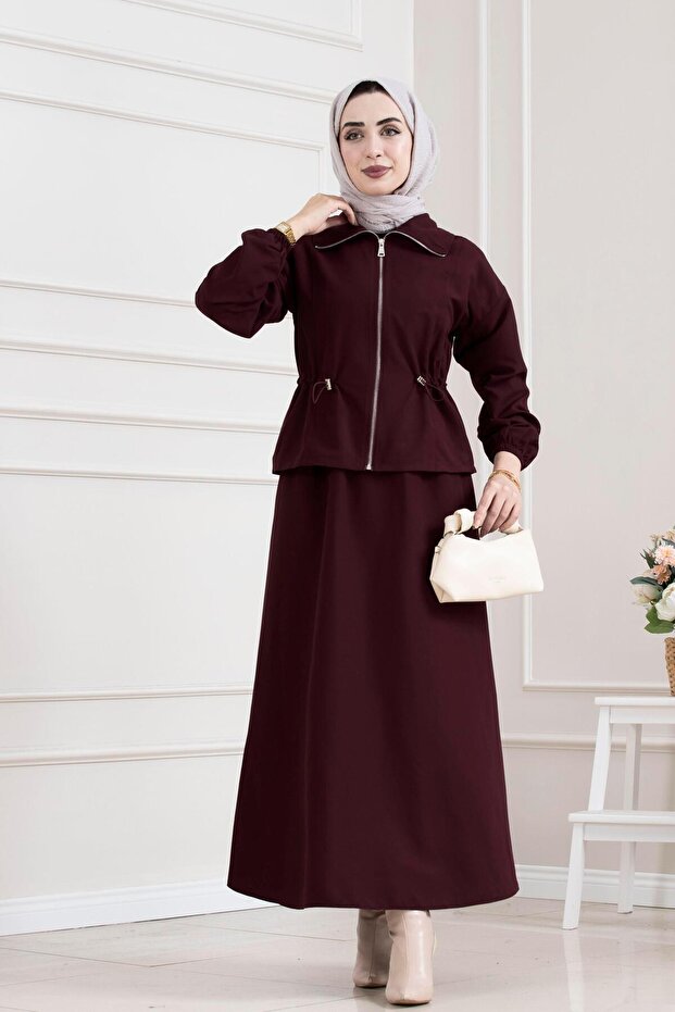 Beli Tunnel Zippered Skirt Suit-Bordo
