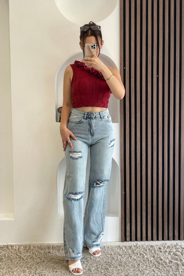 Ripped Detail Pipe Leg Jeans - Light Blue Light Blue