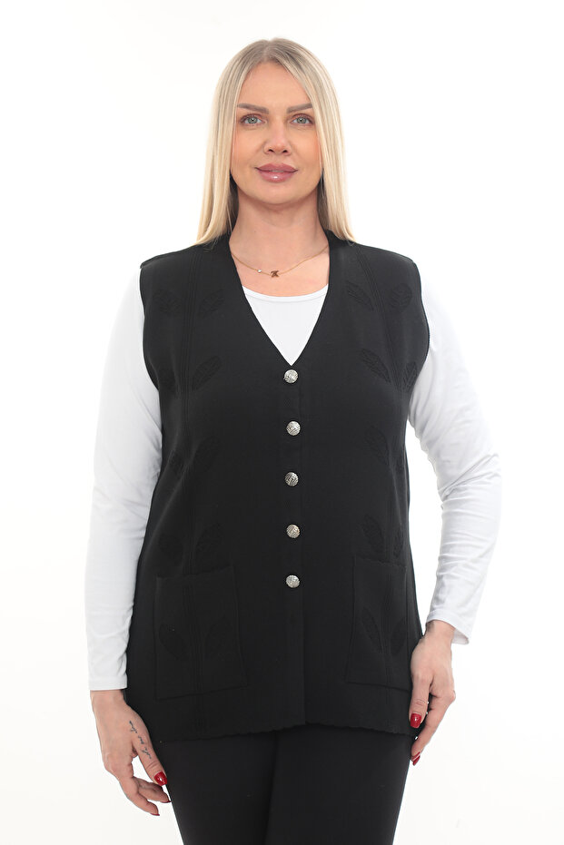 Women's Knitwear Pocketed Winter Thick Leaf Patterned Mother's Vest