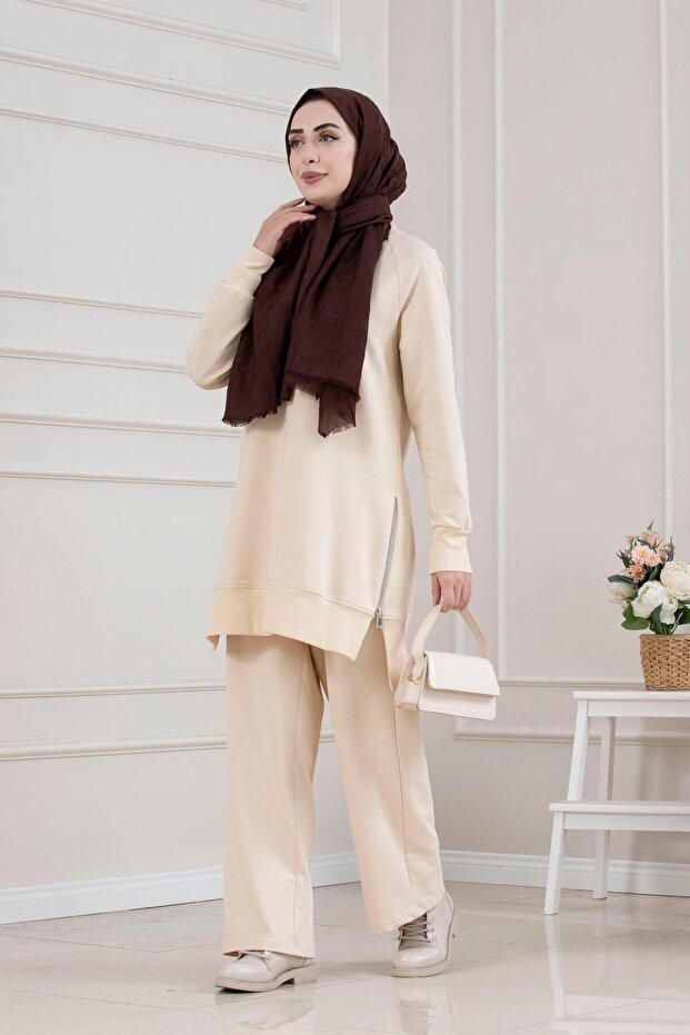 Crew Neck Side Zipper Suit-Beige