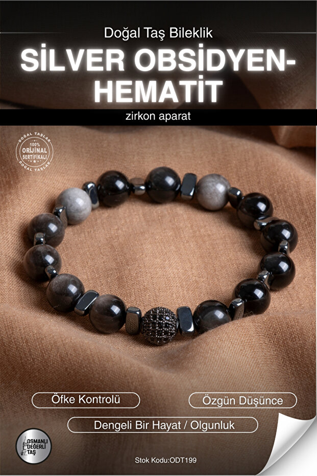 Certified Silver Obsidian-Hematite Natural Stone Zircon Apparatus Bracelet Odt199