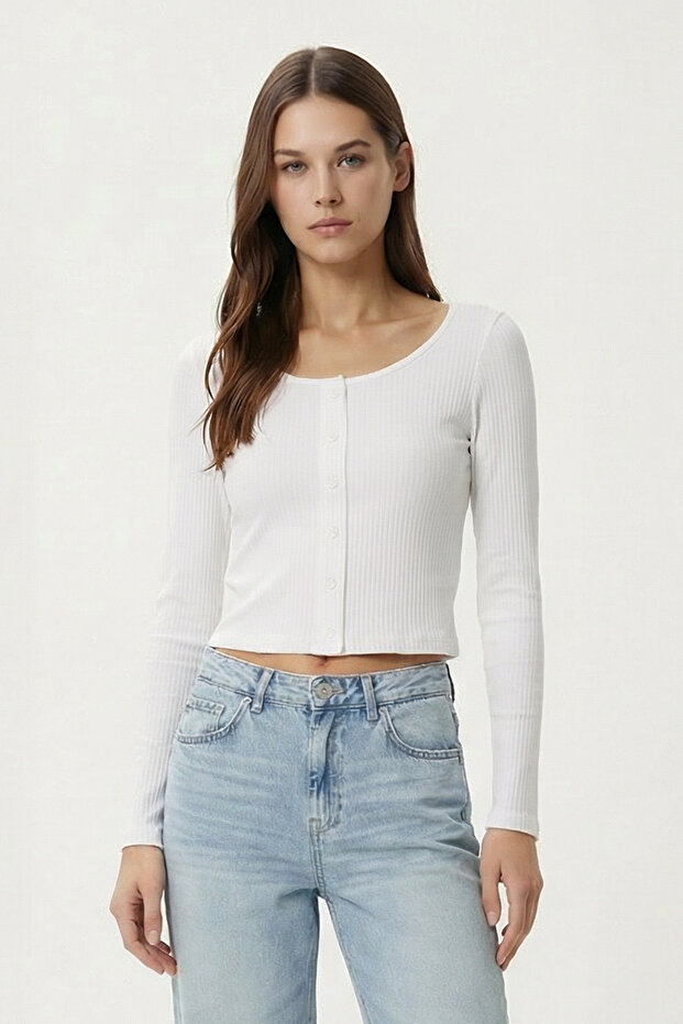 Button Detailed Corded Fabric Knitted Blouse Lze0010 Ekru