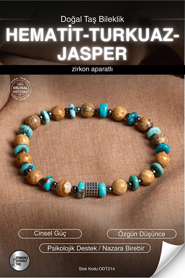 Certified Hematite-Turquoise-Jasper Natural Stone Zircon Apparatus Bracelet Odt214