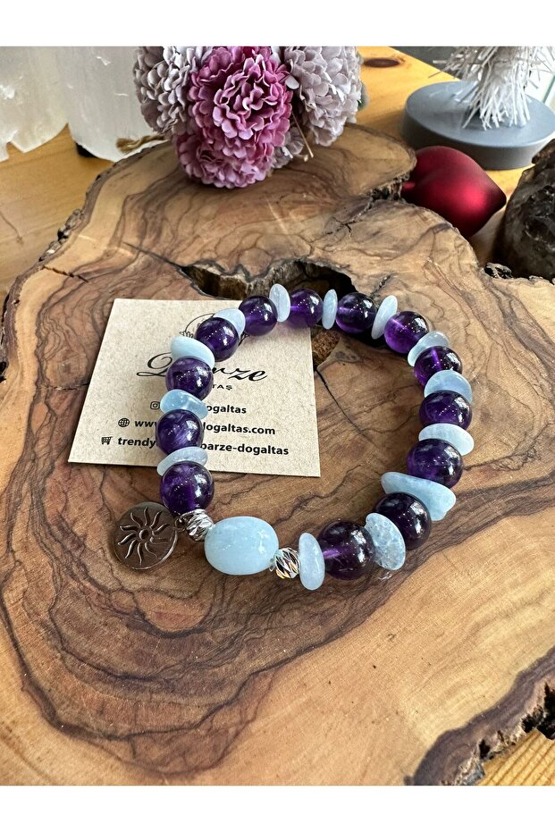 Aquamarine and Amethyst Natural Stone Design Bracelet