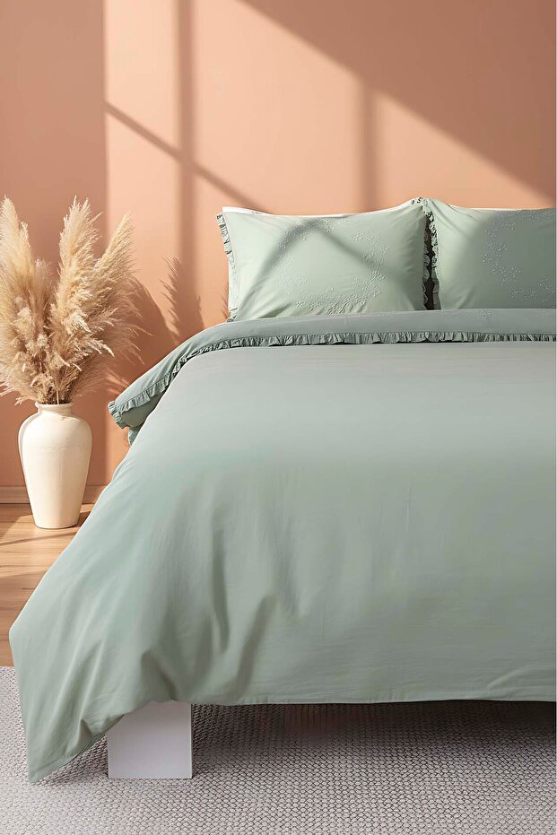Nigra Embroidered Double 100% Cotton Duvet Cover Set - 4 Piece Dowry Set