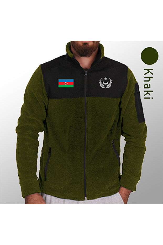 Azerbaijan Emblem Design - Military - Full Zipper Softshell Fleece - Softshell Fleece Jacket Khaki