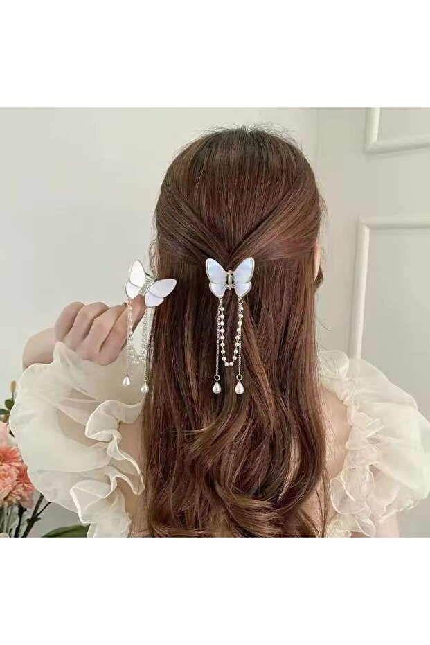 Butterfly Model Enamel Long Pearl Dangle Hair Clip