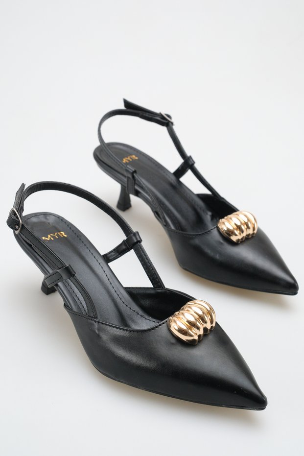 Women's Buckle Detailed Heeled Shoes Black Skin